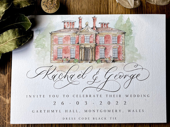 Watercolour venue illustration invitation, printed on white textured card, with bespoke calligraphy names 